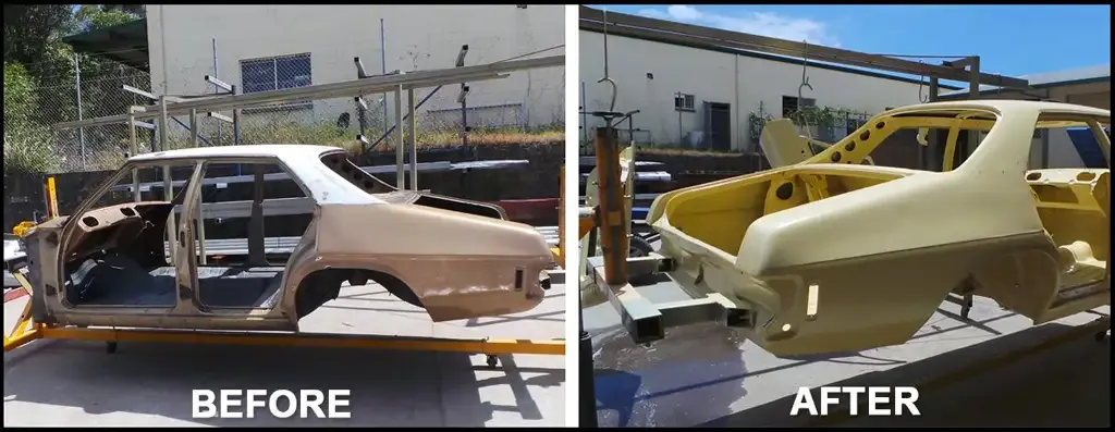 Before and after - bare classic car body freshly powder coated by A&B Coatings